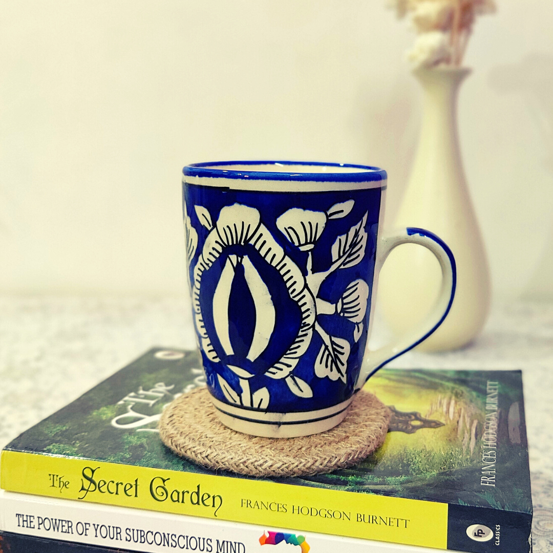 Microwave safe Ceramic Hand Crafted and Hand Painted Mughal Art Design Ceramic Coffee Mug (Blue) Suitable for Coffee, Tea, Juice, and other beverages (250ml) Set of 1